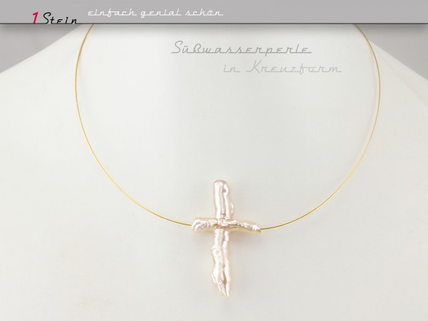 Collier kurz | Hochzeit + Brautschmuck | Perle in Kreuzform lachs
