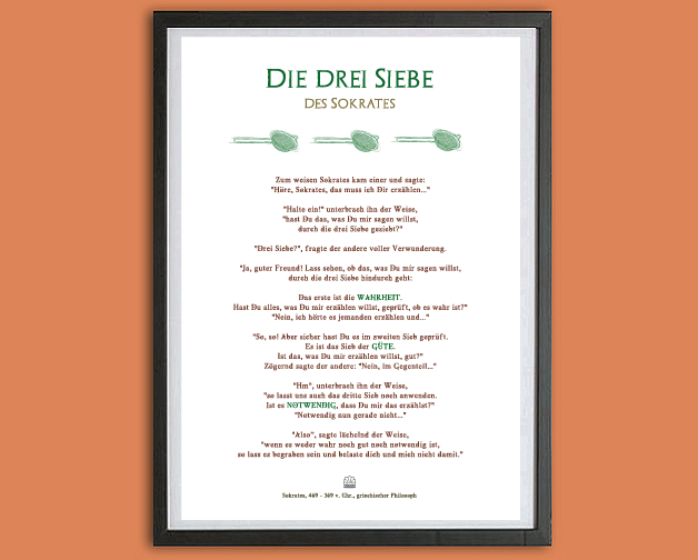 Die Drei Siebe Des Sokrates Typo Druck | *Die 3 Siebe des Sokrates* - Anekdote | www.shop.pepari.de