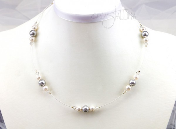 Draht Collier mit Swarovski Elements® Perlen | Weiß und grau | 925 Sterling Silber Verschluss