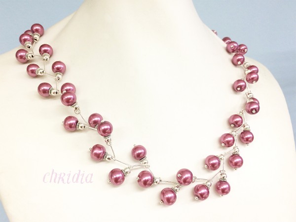 Halskette "rosa Beeren" | Zickzack, versilbert, Glaswachsperlen