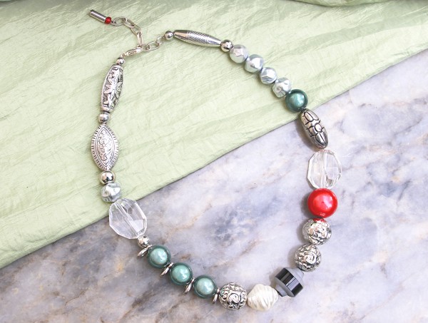 Halskette | Collier *ROT* | Formenmix, silber, grün | ca. 43cm plus Verlängerungskettchen